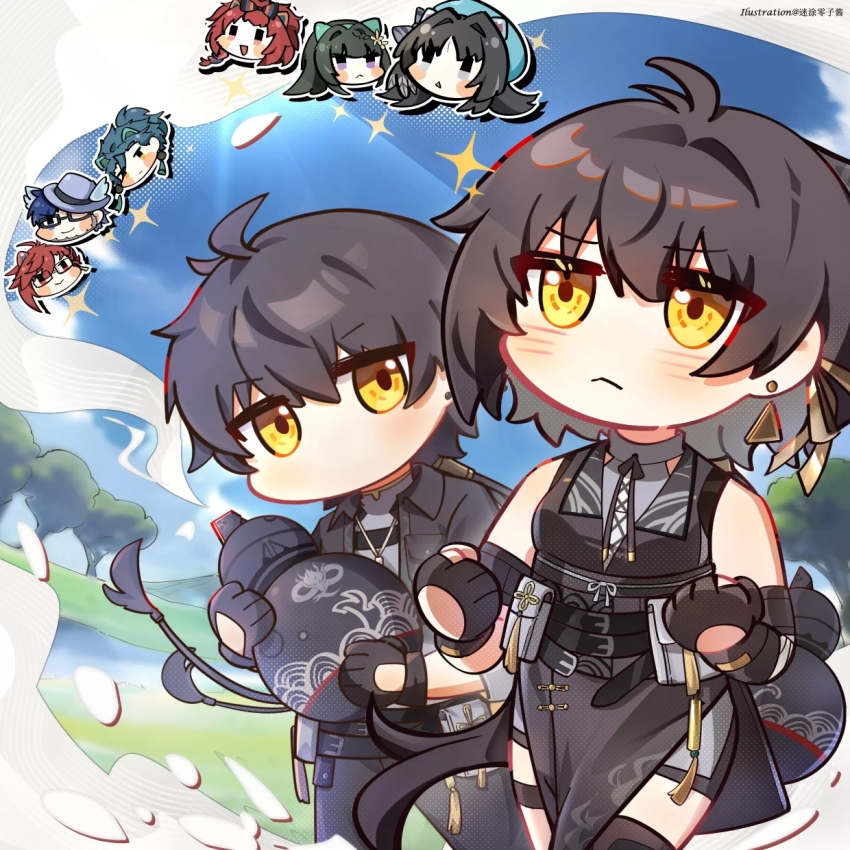 4boys, 4girls, aqua_hair, baizhi_(wuthering_waves), belt, black_dress, black_gloves, black_hair, black_jacket, blue_hair, bow, chixia_(wuthering_waves), colored_inner_hair, cropped_jacket, dragon, dragon_print, dress, earrings, eastern_dragon, fedora, female_rover_(wuthering_waves), fingerless_gloves, gloves, hair_bow, hair_ornament, hairclip, hat, highres, jacket, jewelry, jiyan_(wuthering_waves), long_hair, male_rover_(wuthering_waves), mortefi_(wuthering_waves), mt0z, multicolored_hair, multiple_belts, multiple_boys, multiple_girls, pangu_terminal_(wuthering_waves), pocket, red_hair, rover_(wuthering_waves), seigaiha, sparkle, sparkling_aura, tassel, tree, white_hat, wuthering_waves, yangyang_(wuthering_waves), yellow_eyes, yuanwu_(wuthering_waves)