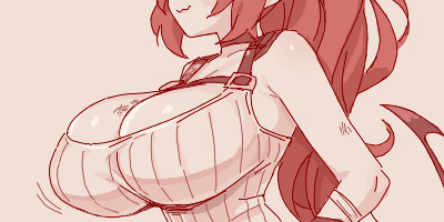 1girl, :3, blue_archive, breast_focus, breasts, cleavage, closed_mouth, demon_tail, hand_on_own_hip, head_out_of_frame, huge_breasts, impossible_clothes, impossible_tank_top, long_hair, lowres, maibotsumou, megu_(blue_archive), monochrome, oekaki, ponytail, red_theme, ribbed_tank_top, simple_background, smile, solo, tail, tail_raised, tank_top, tegaki_draw_and_tweet