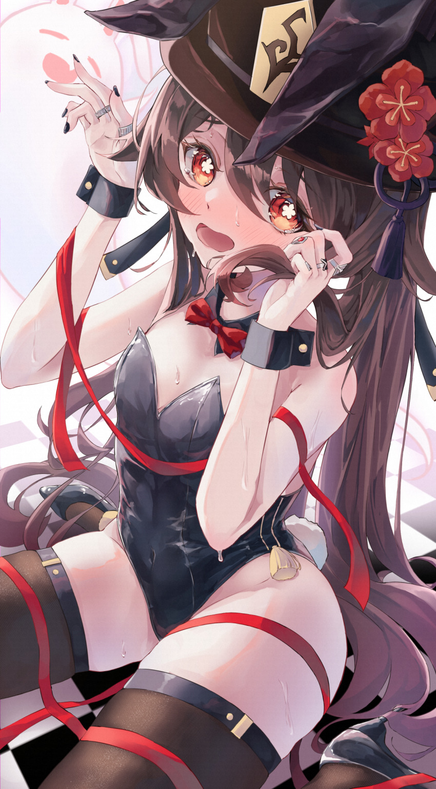 1girl, absurdres, alternate_costume, black_leotard, black_nails, boo_tao_(genshin_impact), bow, bowtie