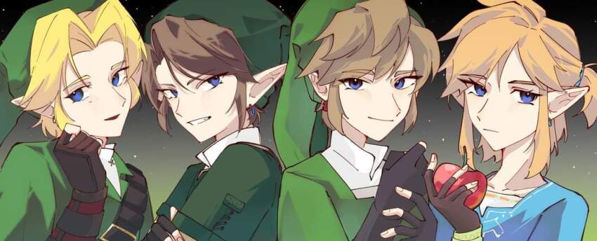 4boys, apple, black_gloves, blonde_hair, blue_eyes, blue_shirt, brown_hair, champion's_tunic_(zelda)