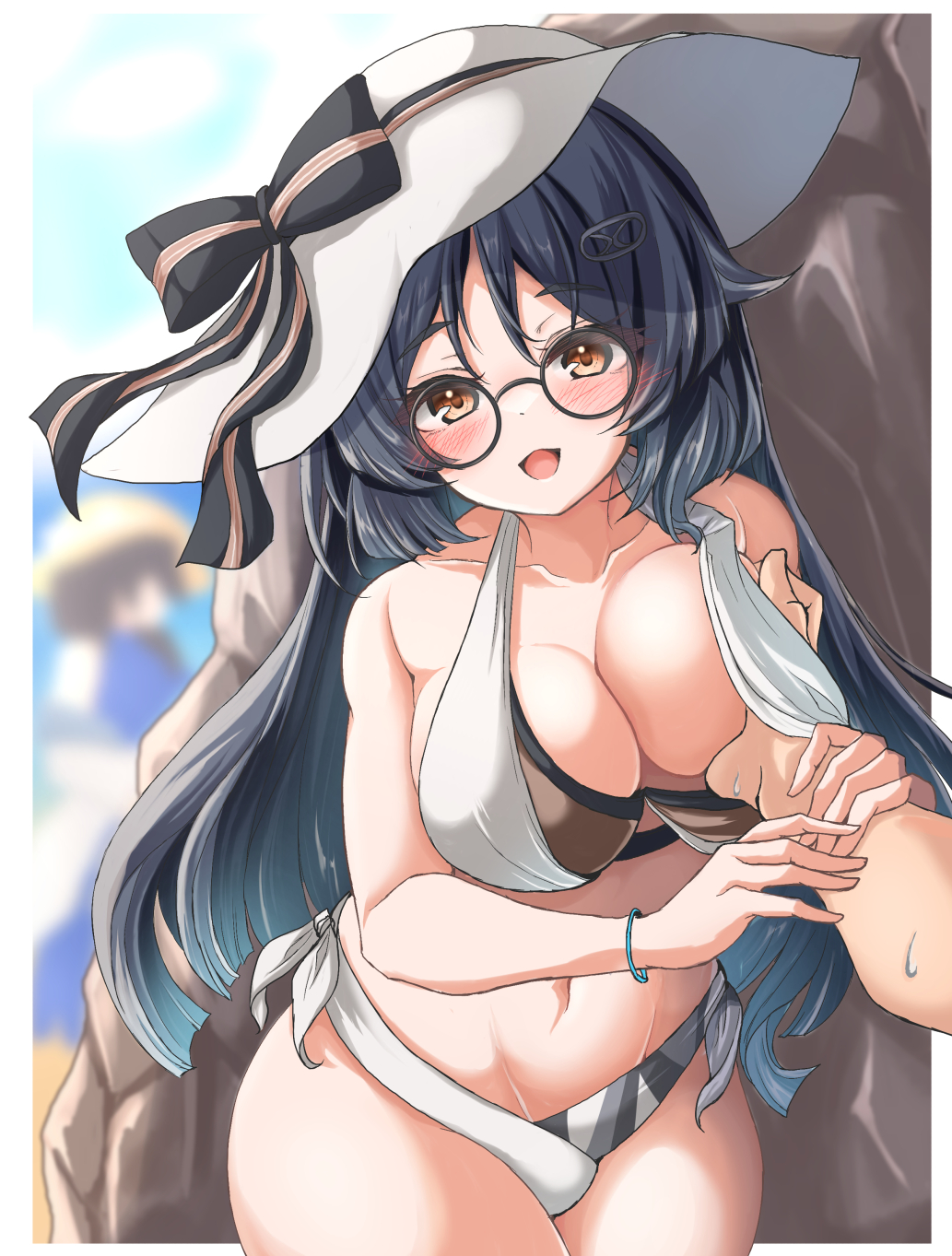 2girls, assisted_exposure, bikini, black_hair, breasts, brown_eyes, cleavage, commentary_request