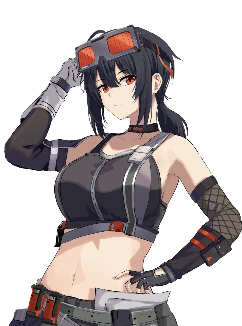 1girl, absurdres, arm_pouch, asymmetrical_gloves, belt, black_hair, black_sports_bra, crop_top, fishnet_gloves, fishnets, gloves, goggles, goggles_on_head, grace_howard, grey_belt, highres, mismatched_gloves, navel, orange_eyes, shuuka, simple_background, solo, sports_bra, white_background, zenless_zone_zero
