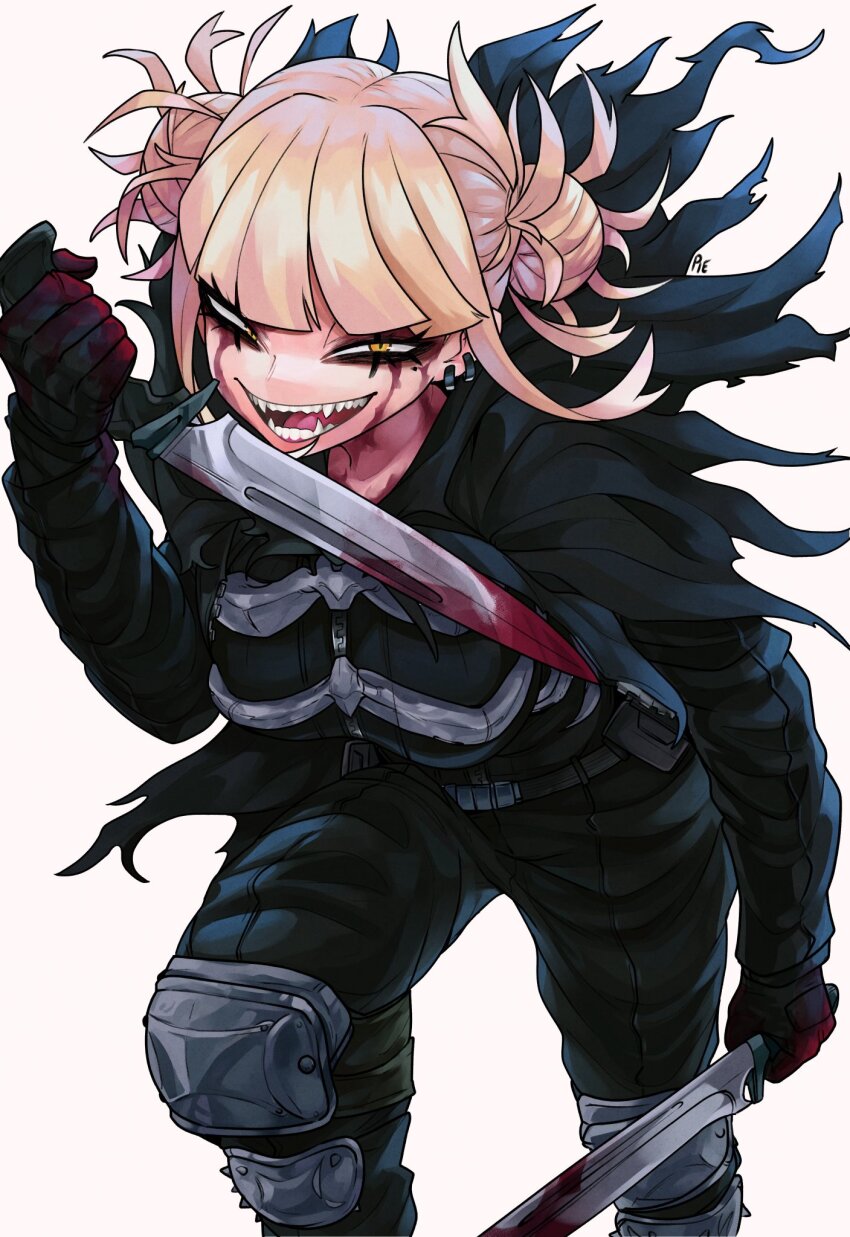 1girl, bags_under_eyes, black_gloves, black_jacket, black_pants, blonde_hair, blood, blood_on_face, blood_on_gloves, bloody_knife, boku_no_hero_academia, dorohedoro, double_bun, dual_wielding, ear_piercing, fangs, gloves, hair_bun, highres, holding, holding_knife, jacket, kaiman_(dorohedoro), knee_pads, knife, looking_at_viewer, open_mouth, pants, piercing, sidelocks, simple_background, solo, toga_himiko, unusualpie, weapon, white_background, yellow_eyes