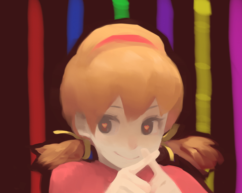 1girl, brown_background, brown_hair, closed_mouth, crossed_fingers, hair_ribbon, hairband, heart