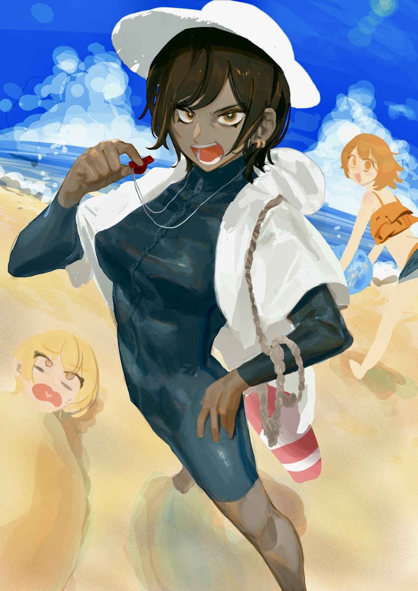 1boy, 2girls, absurdres, beach, bikini, blonde_hair, blue_bodysuit, bodysuit, breasts, brown_eyes, brown_hair, dark-skinned_male, dark_skin, don_quixote_(project_moon), earrings, hat, highres, innertube, jewelry, limbus_company, looking_at_viewer, medium_breasts, multiple_girls, nacaji, open_mouth, outis_(project_moon), project_moon, rope, short_hair, sinclair_(project_moon), smile, swim_ring, swimsuit, white_hat, yellow_bikini, yellow_eyes