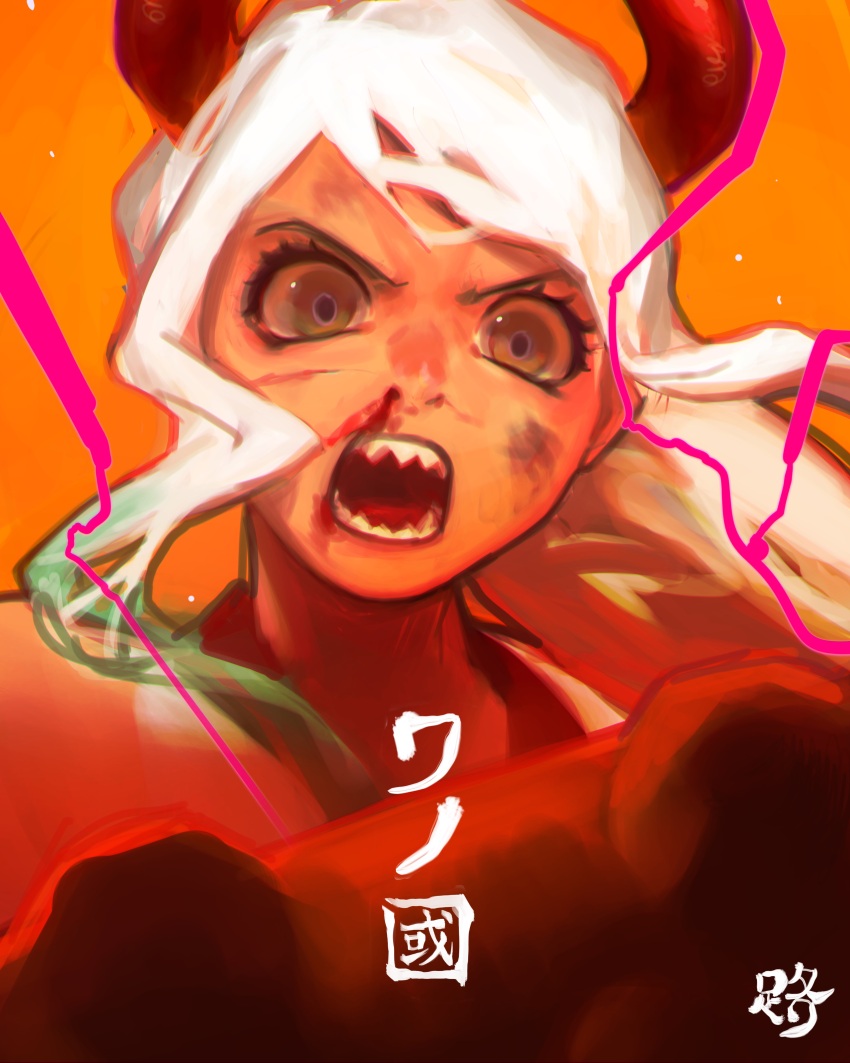 1girl, absurdres, blood, blood_on_face, brown_eyes, highres, horns, long_hair