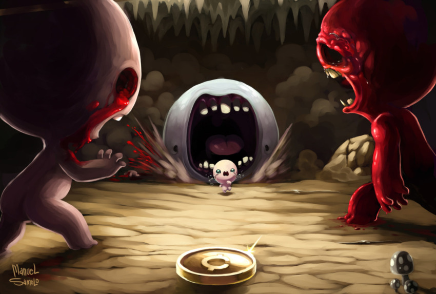 1boy, 3others, artist_name, blood, blood_on_face, cave, chasing, chub_(the_binding_of_isaac), coin, commentary, crying, crying_with_eyes_open, english_commentary, eye_socket, isaac_(the_binding_of_isaac), monster, multiple_others, mushroom, no_eyes, nude, open_mouth, running, samolo, stalactite, tears, teeth, the_binding_of_isaac, zombie