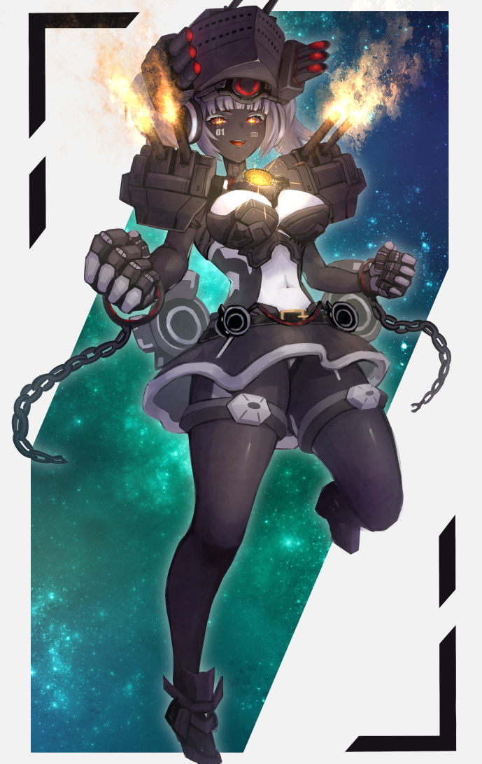 1girl, android, black_skin, black_skirt, breasts, chain, colored_eyelashes, colored_skin