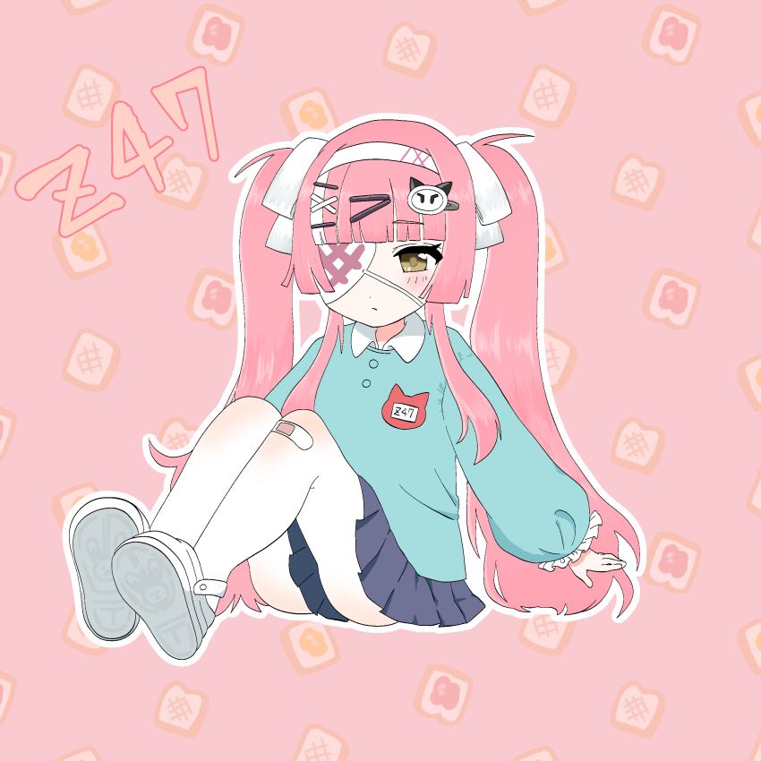 1girl, absurdres, azur_lane, bandaid, bandaid_on_knee, bandaid_on_leg, blue_shirt, blue_skirt, bread, bread_slice, character_name, closed_mouth, eyepatch, food, frilled_sleeves, frills, hair_ornament, hair_ribbon, hairband, hairclip, highres, kindergarten_uniform, long_sleeves, meguruneet, miniskirt, multicolored_hair, name_tag, official_alternate_costume, pink_background, pink_hair, pleated_skirt, ribbon, shirt, skirt, solo, streaked_hair, toast, twintails, white_footwear, white_hair, white_hairband, white_ribbon, x_hair_ornament, yellow_eyes, z47_(azur_lane), z47_(young_again_filter)_(azur_lane)
