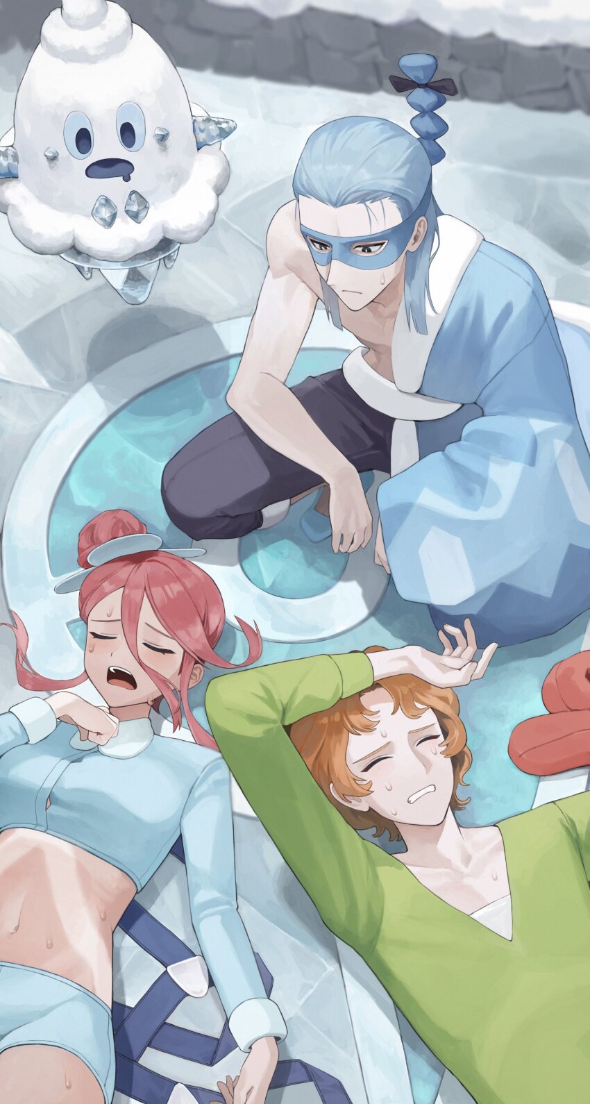 1girl, 2boys, absurdres, arm_up, blue_hair, blue_shorts, brycen_(pokemon), burgh_(pokemon)