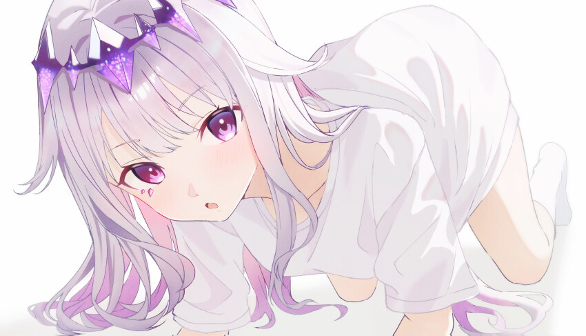 1girl, absurdres, all_fours, blush, face_jewel, grey_hair, highres, hololive
