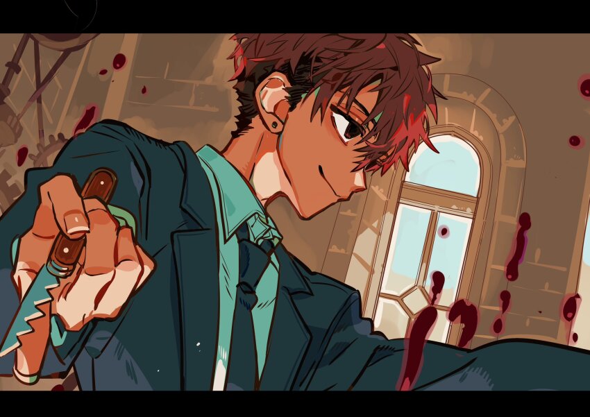 1boy, arched_window, aura, black_hair, black_jacket, black_necktie, blue_sky, brick_wall