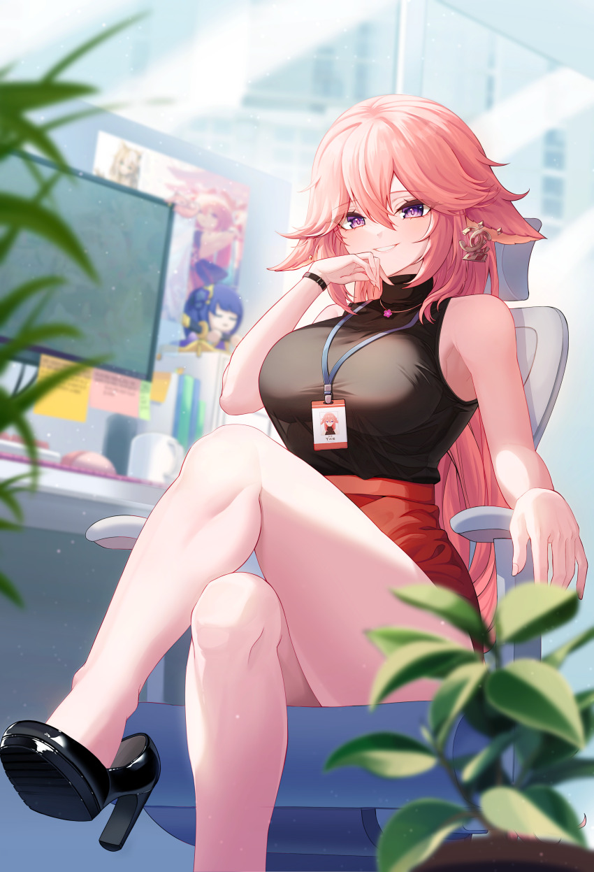 1girl, absurdres, animal_ears, bare_shoulders, black_footwear, black_shirt, breasts, chair