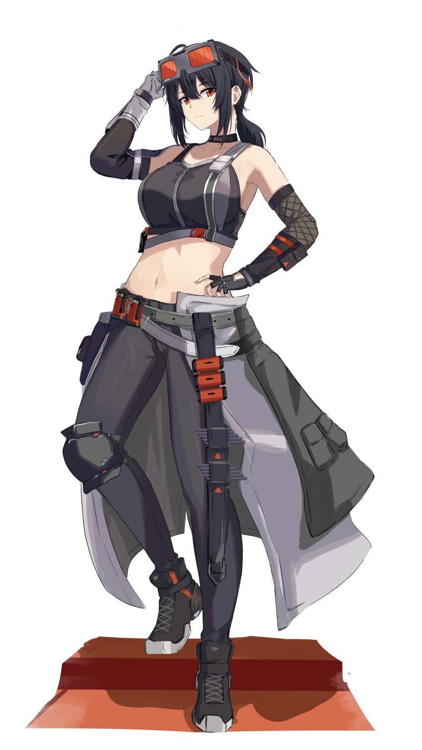 1girl, absurdres, arm_pouch, asymmetrical_gloves, belt, black_hair, black_sports_bra, crop_top, fishnet_gloves, fishnets, full_body, gloves, goggles, goggles_on_head, grace_howard, grey_belt, highres, mismatched_gloves, navel, orange_eyes, shoes, shuuka, simple_background, solo, sports_bra, standing, white_background, zenless_zone_zero