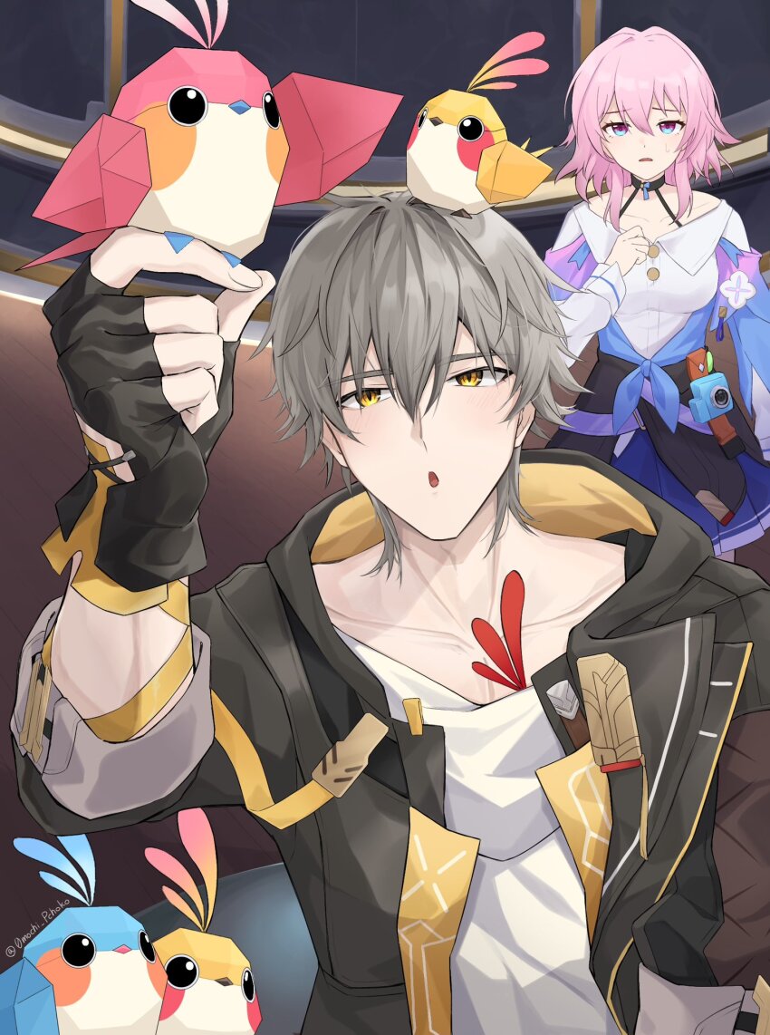 1boy, 1girl, arm_ribbon, arm_up, artist_name, astral_express_(honkai:_star_rail), beak, bird