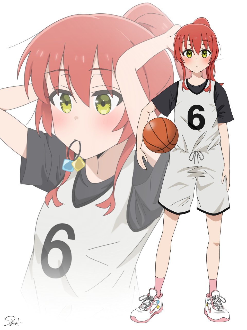 ball, basketball, basketball_(object), blush, bocchi_the_rock!, cube_hair_ornament, gym_shirt, gym_shorts