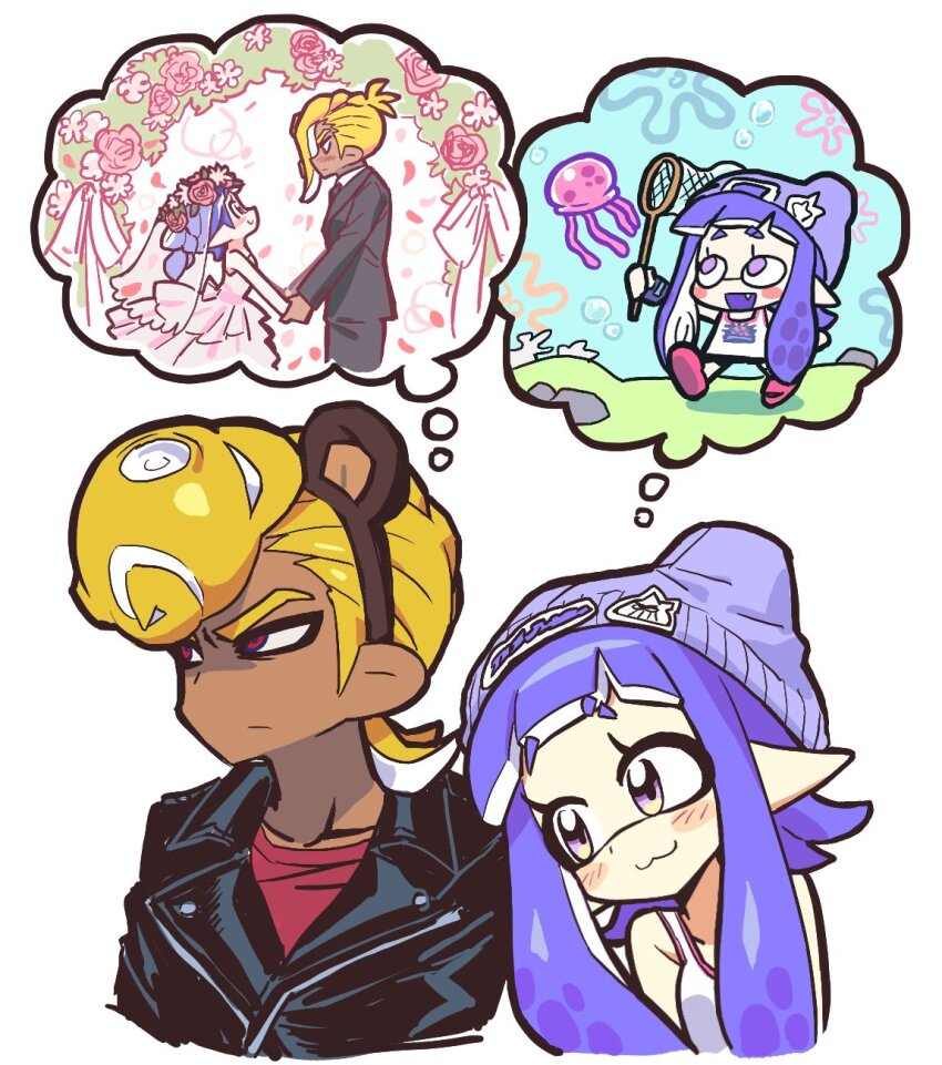 1boy, 1girl, :3, animal_ear_hairband, animal_ears, beanie, bear_ears, black_suit