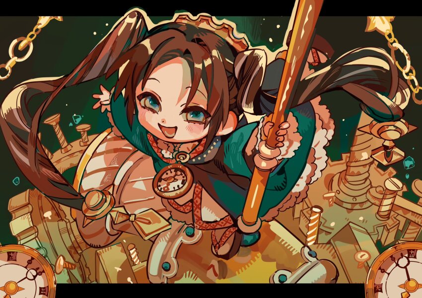 1girl, :d, analogous_colors, aqua_eyes, brown_hair, clock, dress, floating_clothes, floating_table, frilled_dress, frilled_shirt_collar, frilled_sleeves, frills, from_above, full_body, green_jacket, grey_eyes, half-closed_eyes, hands_up, hanoyuta, happy, highres, holding, holding_polearm, holding_weapon, jacket, jibaku_shounen_hanako-kun, layered_clothes, layered_dress, leg_up, letterboxed, light_blush, long_hair, long_sleeves, lower_teeth_only, mirai_(jibaku_shounen_hanako-kun), multicolored_eyes, official_art, okobo, open_hand, open_mouth, outside_border, outstretched_arms, parted_hair, platform_sandals, polearm, raised_eyebrows, sandals, smile, socks, solo, standing, standing_on_one_leg, teeth, twintails, two-tone_eyes, very_long_hair, weapon, white_dress, white_socks, wind