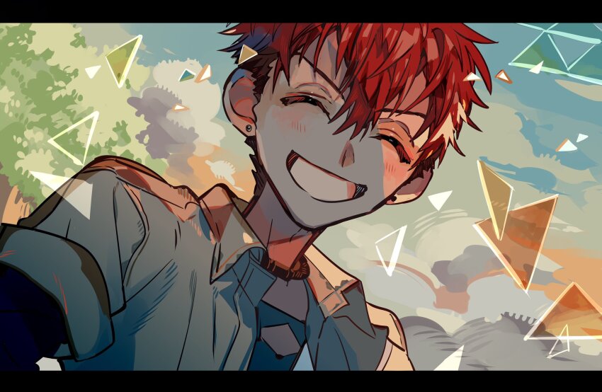 ^_^, black_choker, broken_glass, choker, close-up, closed_eyes, cloud, collared_shirt