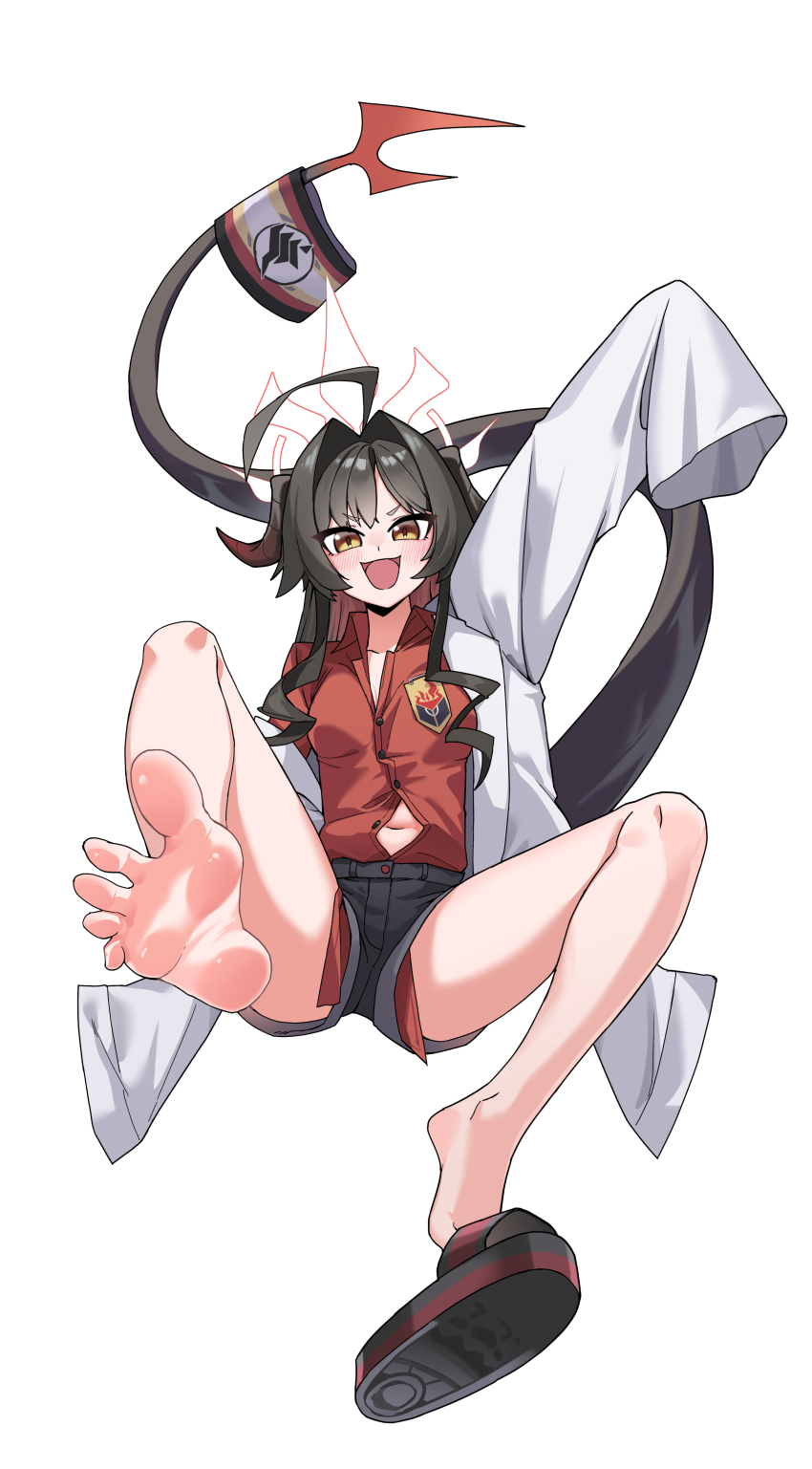 1girl, absurdres, barefoot, black_hair, blue_archive, blush, feet, highres, horns, kasumi_(blue_archive), long_hair, looking_at_viewer, open_mouth, rodeong_r, shoes, short_shorts, shorts, single_shoe, soles, tail, toes, yellow_eyes