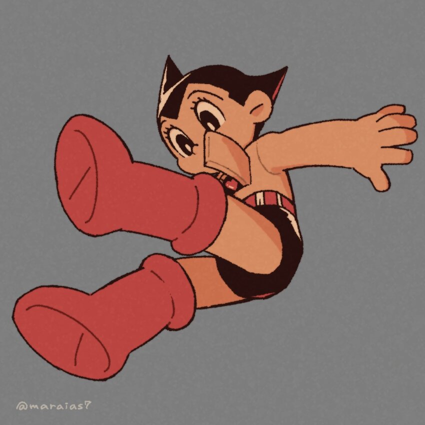 1boy, android, atom_(tetsuwan_atom), belt, black_eyes, black_hair, black_male_underwear, boots, briefs, bright_pupils, eyelashes, floating, hatch, heart, highres, knee_boots, looking_down, male_focus, male_underwear, marias_(harako), outstretched_arms, red_boots, retro_artstyle, robot, solo, tetsuwan_atom, underwear, white_pupils