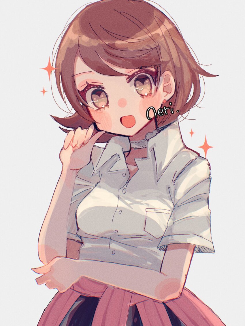 1girl, blush_stickers, brown_eyes, brown_hair, cardigan, cardigan_around_waist, choker, clothes_around_waist