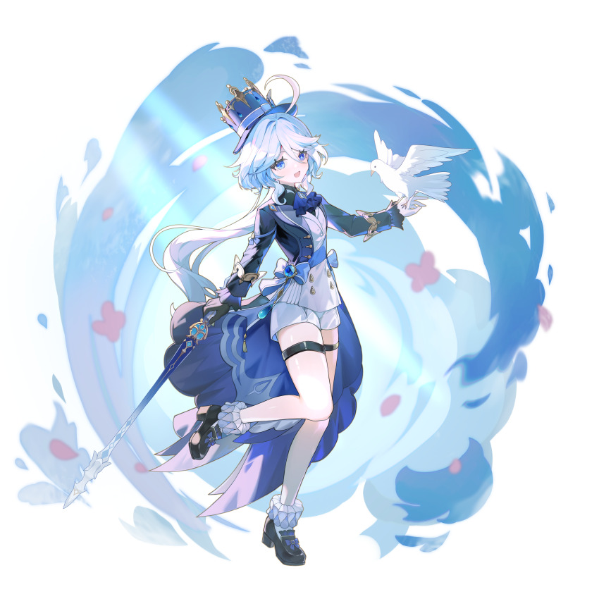 1girl, :d, absurdres, ascot, asymmetrical_gloves, bird, bird_on_hand, black_gloves