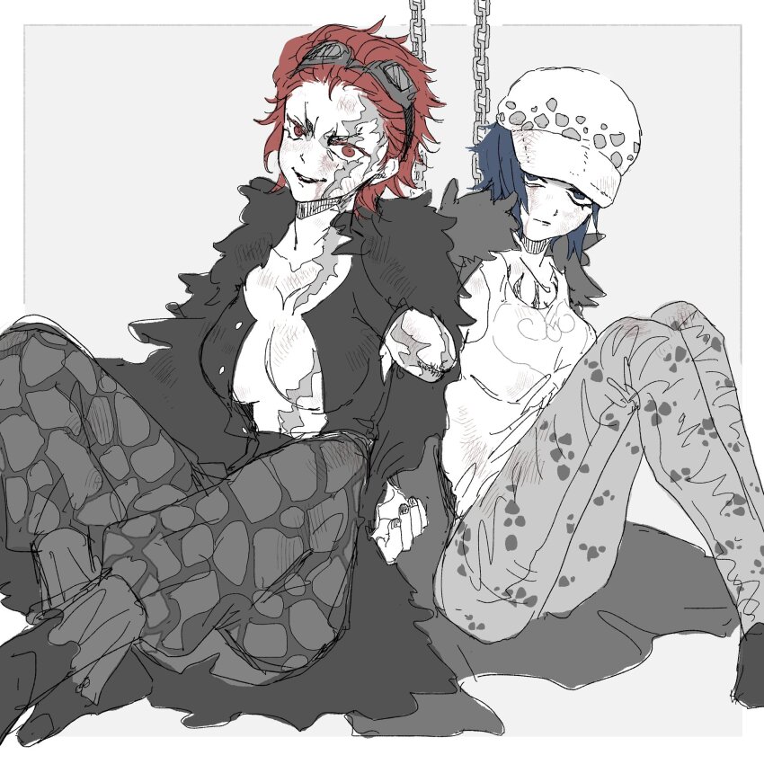 2girls, amputee, arm_behind_back, blue_hair, breast_tattoo, breasts, cape, chain