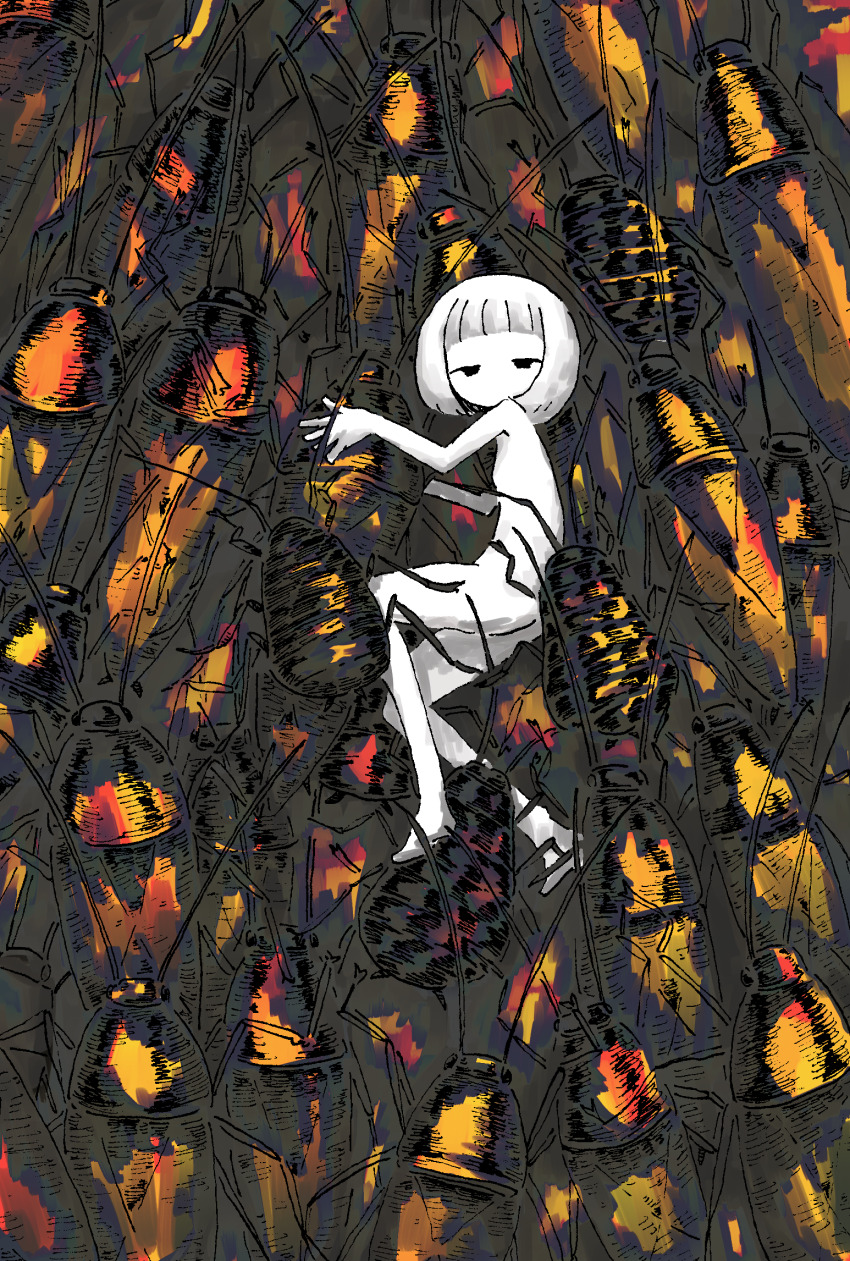 1girl, bug, cockroach, colored_skin, commentary_request, completely_nude, highres, insect, kaduise, looking_at_viewer, looking_to_the_side, lying, medium_hair, mixed-language_commentary, no_mouth, no_sclera, nude, on_side, original, solo, too_many, too_many_bugs, white_hair, white_skin