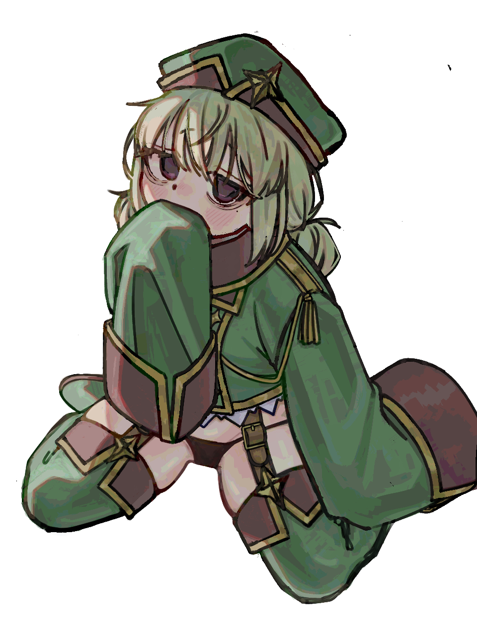 1girl, araga_kiwi, bags_under_eyes, black_panties, blonde_hair, blush, boots, cj6f2lx08scrrc9