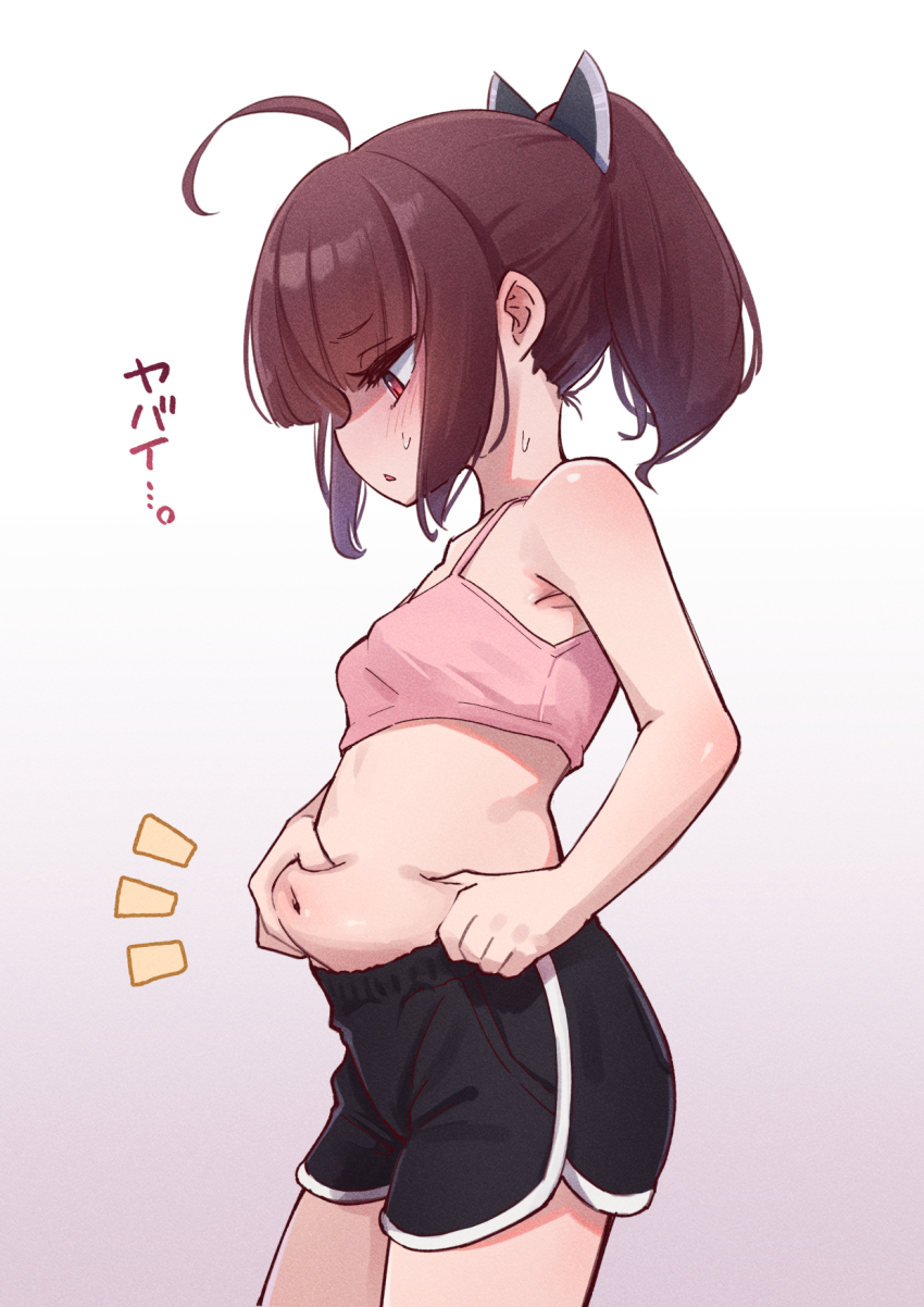1girl, ahoge, belly, breasts, brown_hair, camisole, check_translation, commentary_request, dolphin_shorts, from_side, hakushi_(empty_blanc), highres, navel, pinching_own_belly, pink_camisole, plump, ponytail, red_eyes, shorts, small_breasts, solo, sweat, touhoku_kiritan, translation_request, voiceroid