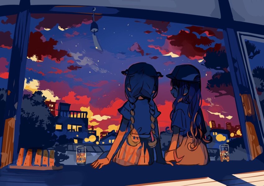 2girls, akane_aoi, arms_at_sides, baseball_cap, between_legs, braid, cityscape, closed_eyes