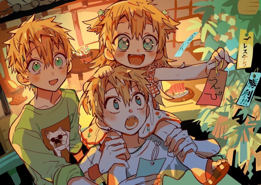 1girl, 2boys, :d, age_difference, animal_print, backlighting, blonde_hair, blue_eyes, brother_and_sister, brothers, candy, carrying, child, collage, dog_print, dollhouse_view, double-parted_bangs, dress, fangs, floral_print, floral_print_dress, food, fruit, gingham_shirt, green_shirt, hair_ornament, hand_on_another's_head, hanoyuta, happy, holding, holding_paper, indoors, jibaku_shounen_hanako-kun, minamoto_kou, minamoto_teru, minamoto_tiara, multiple_boys, official_art, ofuda, open_mouth, outstretched_arm, paper, plate, print_dress, print_shirt, raised_eyebrows, red_footwear, sandals, shirt, shoulder_carry, siblings, sketch_background, sleeves_rolled_up, smile, spiked_hair, standing, star_(symbol), star_hair_ornament, surprised, t-shirt, three-quarter_sleeves, tray, tree, two_side_up, watermelon, watermelon_slice, white_shirt, wrapped_candy