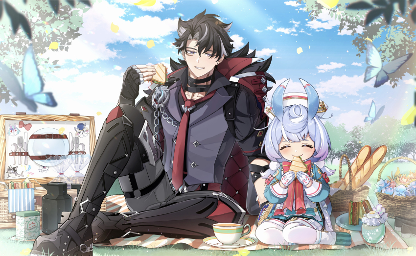 1boy, 1girl, ^_^, absurdres, animal_ears, apron, aqua_bow, aqua_shirt