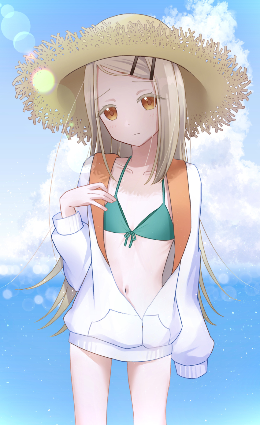 1girl, absurdres, bikini, bikini_under_clothes, blush, collarbone, colored_eyelashes, commentary_request, flat_chest, front-tie_bikini_top, front-tie_top, gakuen_idolmaster, green_bikini, halterneck, hat, highres, idolmaster, jacket, jacket_over_swimsuit, kimi_to_semi_blue_(idolmaster), light_brown_hair, looking_at_viewer, navel, orange_eyes, outdoors, shinosawa_hiro, solo, straw_hat, string_bikini, suyasuya_(chgg3322), swept_bangs, swimsuit, two-sided_fabric, two-sided_jacket, white_jacket