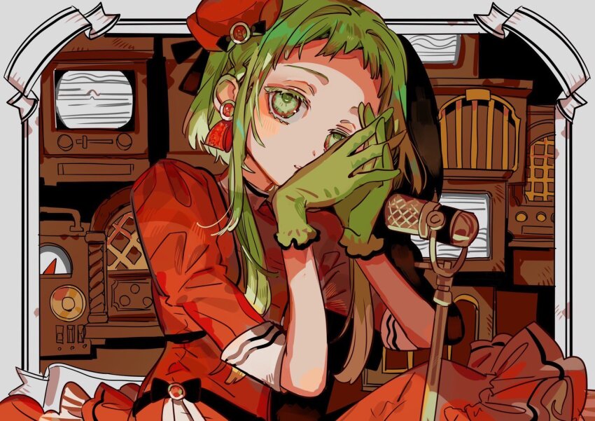 antique_radio, black_ribbon, black_trim, border, crt, dress, earrings, expressionless