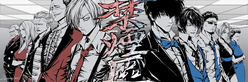 3girls, bandaged_head, bandages, black_dress, black_hair, blazer, blue_dress, blue_necktie