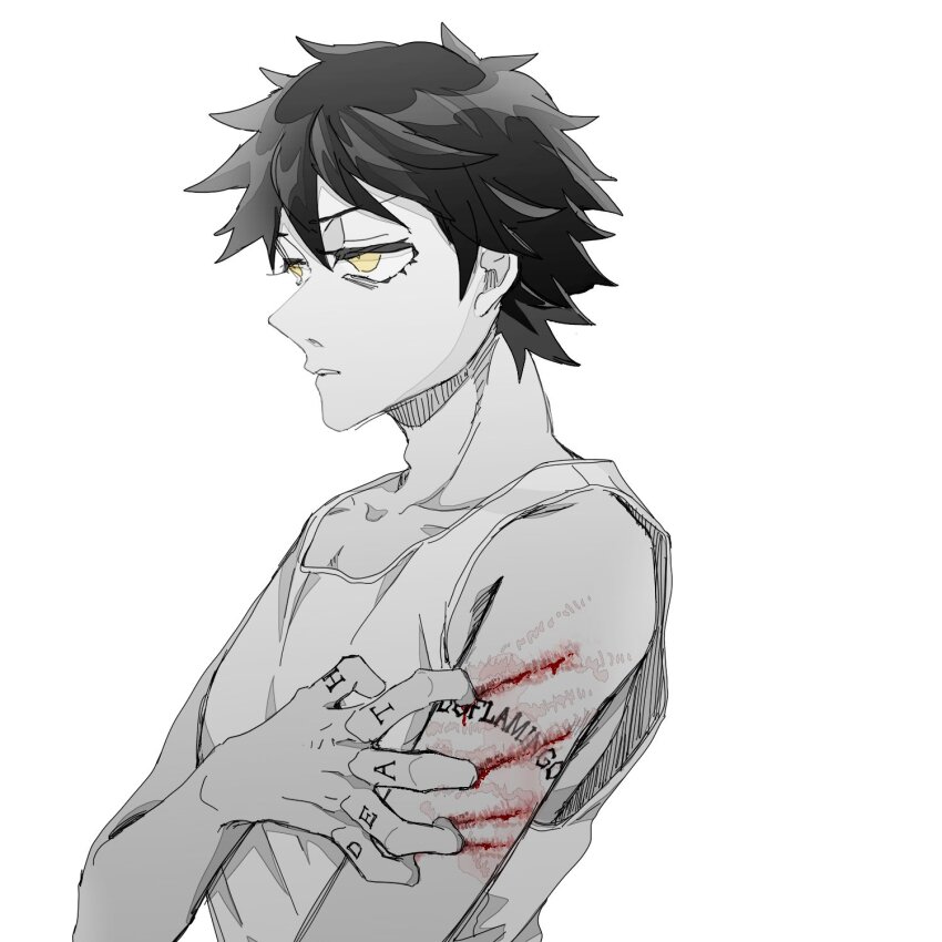 1boy, aged_down, arm_tattoo, black_hair, bleeding, blood, collarbone, commentary