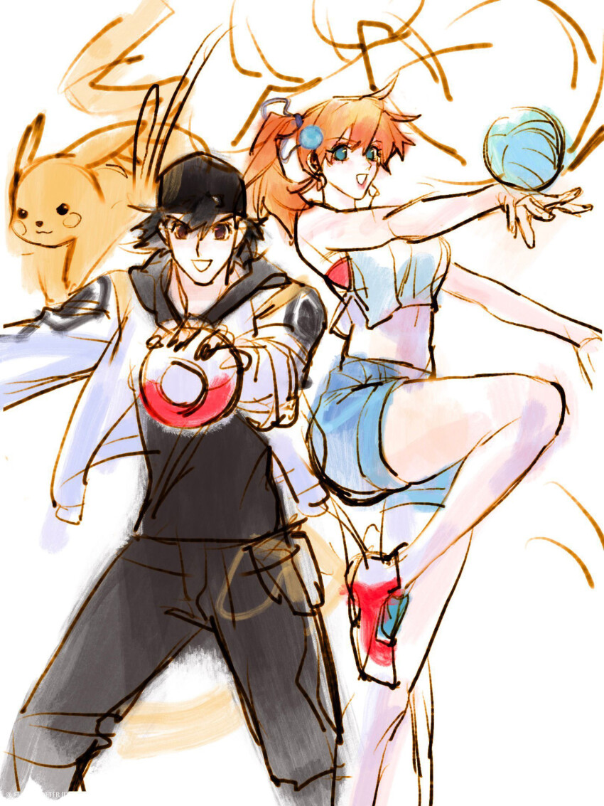 1boy, 1girl, aged_up, ash_ketchum, asymmetrical_hair, baseball_cap, black_hair, blue_eyes