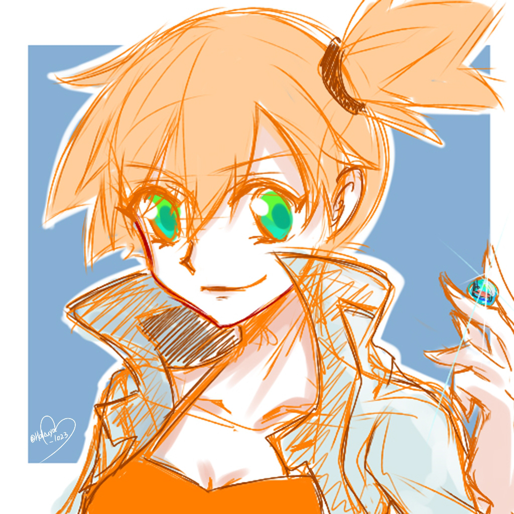 1girl, asymmetrical_hair, breasts, cleavage, closed_mouth, gen_1_pokemon, green_eyes, gym_leader