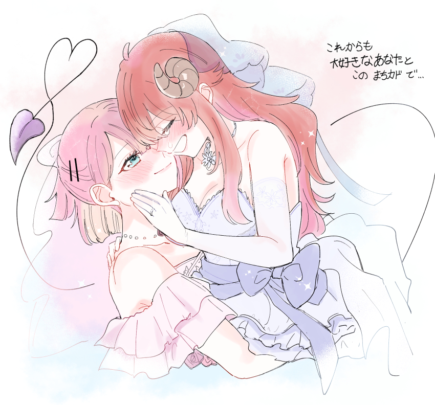 2girls, 6t24413, bare_shoulders, blue_eyes, blush, bow, breasts, chiyoda_momo