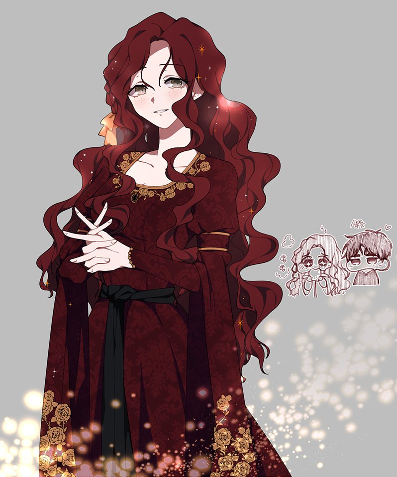 1boy, 1girl, black_sash, chibi, commentary_request, cowboy_shot, deulle_m, dress