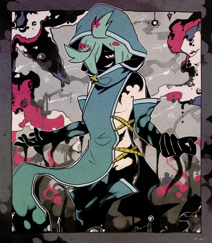 1girl, abstract_background, absurdres, anemo_nemo, aqua_hair, breasts, caitromen, cowboy_shot, darkness, eyes_in_shadow, grin, hair_over_one_eye, highres, hood, hood_up, leberblume, mahou_shoujo_ni_akogarete, medium_hair, multicolored_background, no_panties, purple_hair, shaded_face, sharp_teeth, sideboob, sideless_outfit, signature, smile, standing, teeth