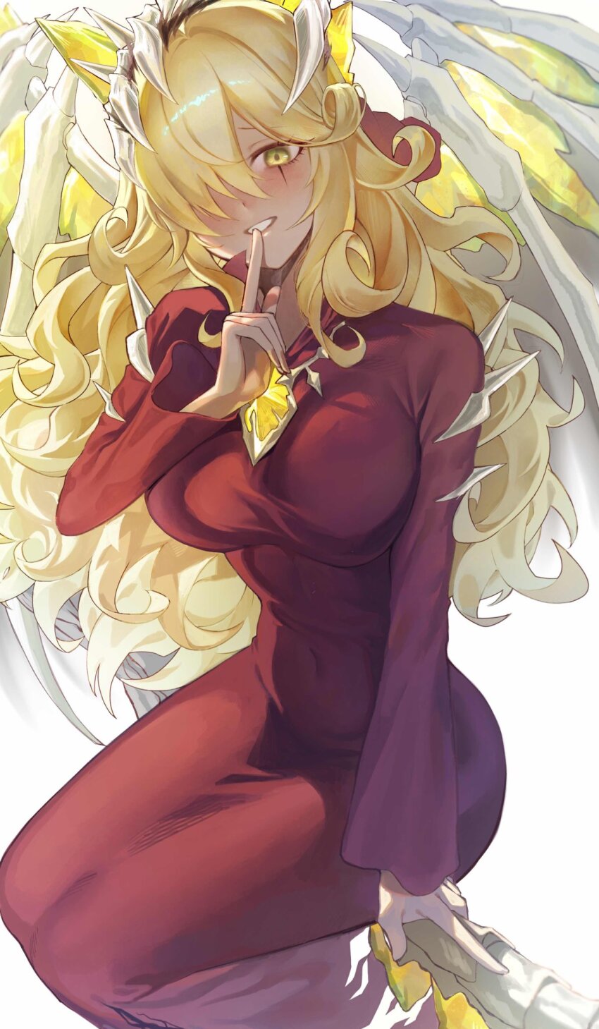 1girl, blonde_hair, breasts, broom, broom_riding, curly_hair, dress, duel_monster, enmo_takeshita, finger_to_mouth, hair_over_one_eye, highres, large_breasts, light_blush, long_hair, mementotlan_angwitch, red_dress, shushing, skeletal_wings, solo, wings, yellow_eyes, yu-gi-oh!