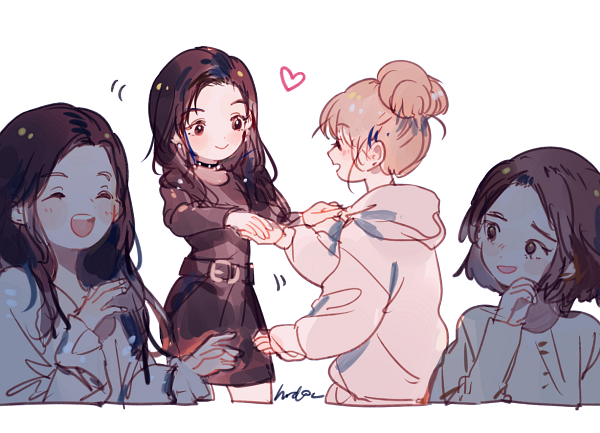 4girls, ^_^, belt, blonde_hair, brown_hair, choker, closed_eyes, closed_mouth