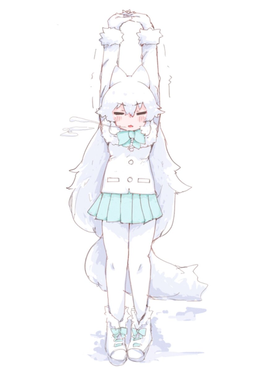 1girl, :<, animal_ears, arctic_fox_(kemono_friends), blue_bow, blue_bowtie, blue_skirt, blush