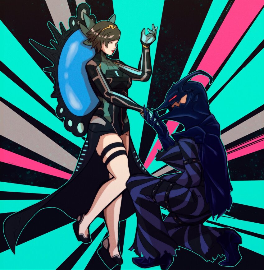 1boy, 1girl, akechi_gorou, black_hair, breasts, commission, commissioner_upload, hetero