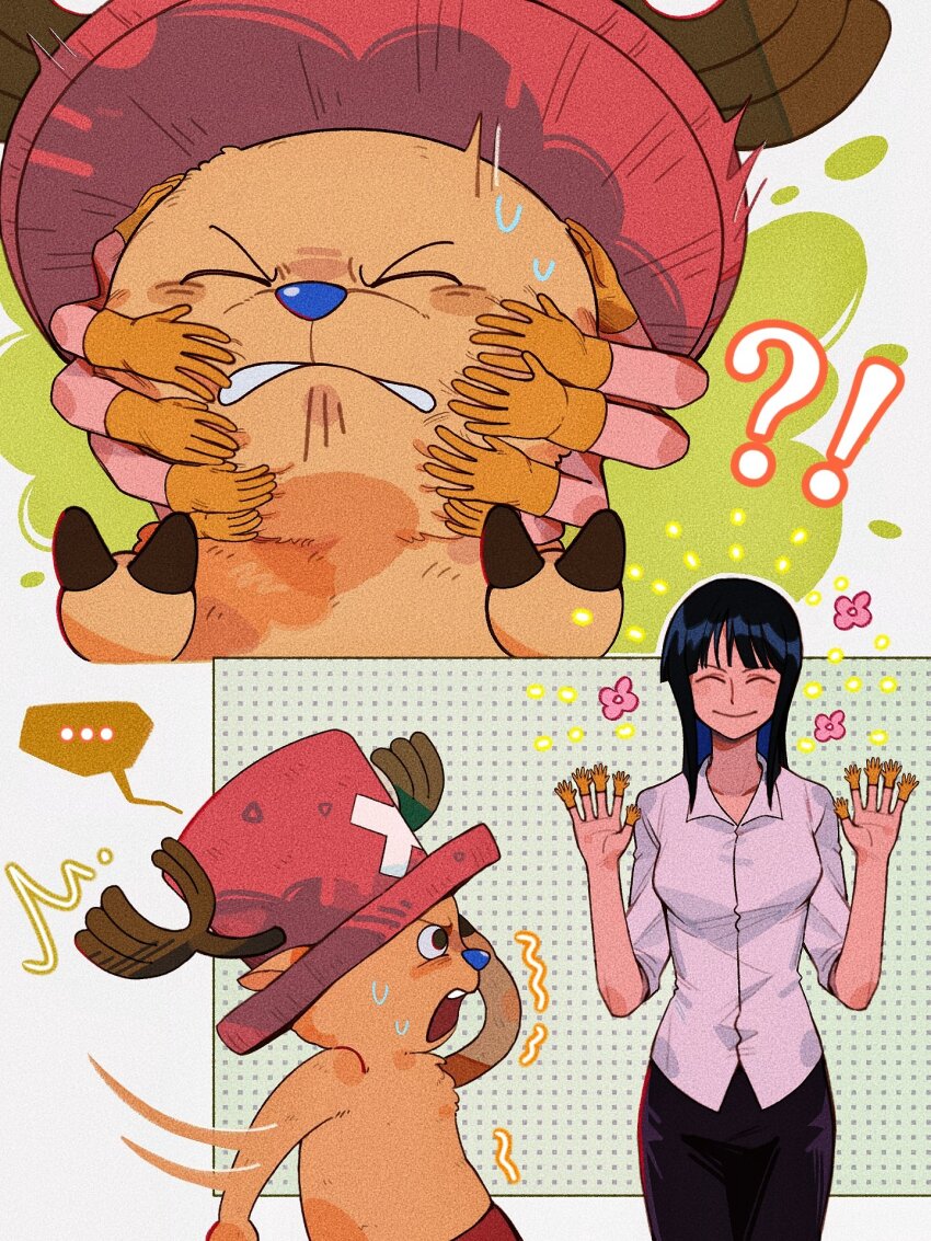 !?, ..., 1boy, 1girl, animal_hands, animal_nose, antlers, horns_through_headwear