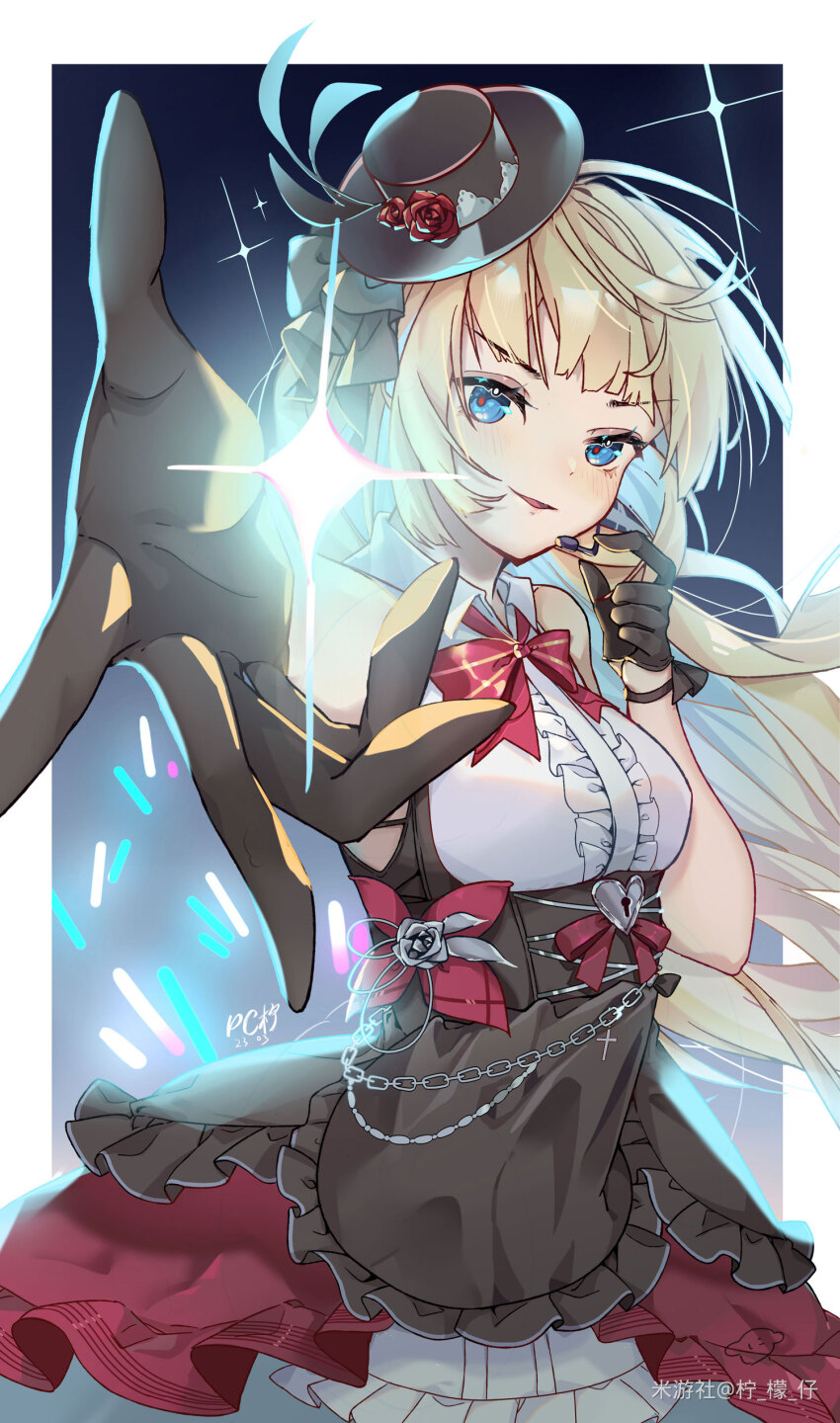 1girl, absurdres, bare_shoulders, black_dress, black_gloves, blonde_hair, blue_eyes, breasts, carlyvier_(honkai_gakuen), chain, dress, earpiece, flower, gloves, glowstick, hat, hat_flower, highres, honkai_(series), honkai_gakuen, long_hair, mini_hat, parted_lips, pc_ning, red_flower, solo