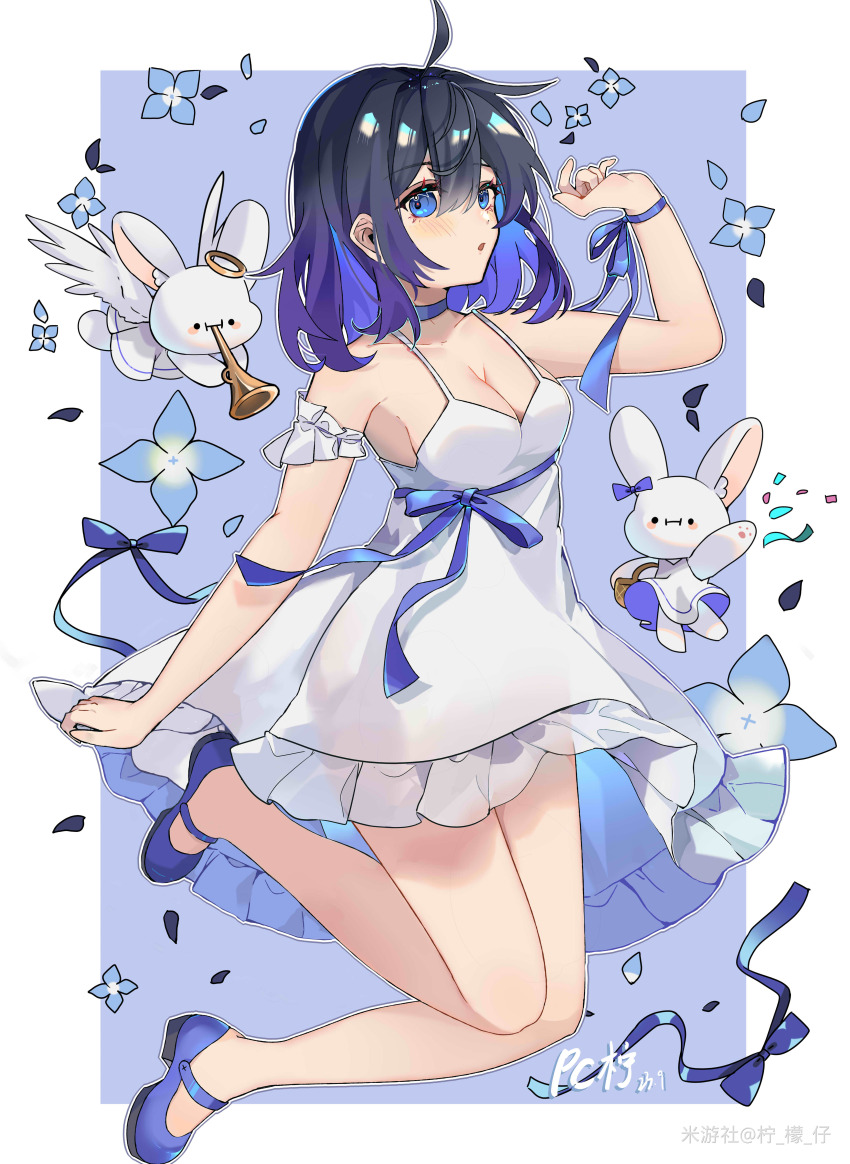1girl, absurdres, ahoge, honkai_gakuen, black_hair, blue_choker, blue_eyes, blue_hair, blue_ribbon, blue_shoes, blush, breasts, choker, cleavage, dress, full_body, halo, highres, honkai_(series), instrument, multicolored_hair, music, no_socks, parted_lips, pc_ning, playing_instrument, ribbon, seele_vollerei, shoes, sleeveless, sleeveless_dress, solo, trumpet, two-tone_hair, white_dress